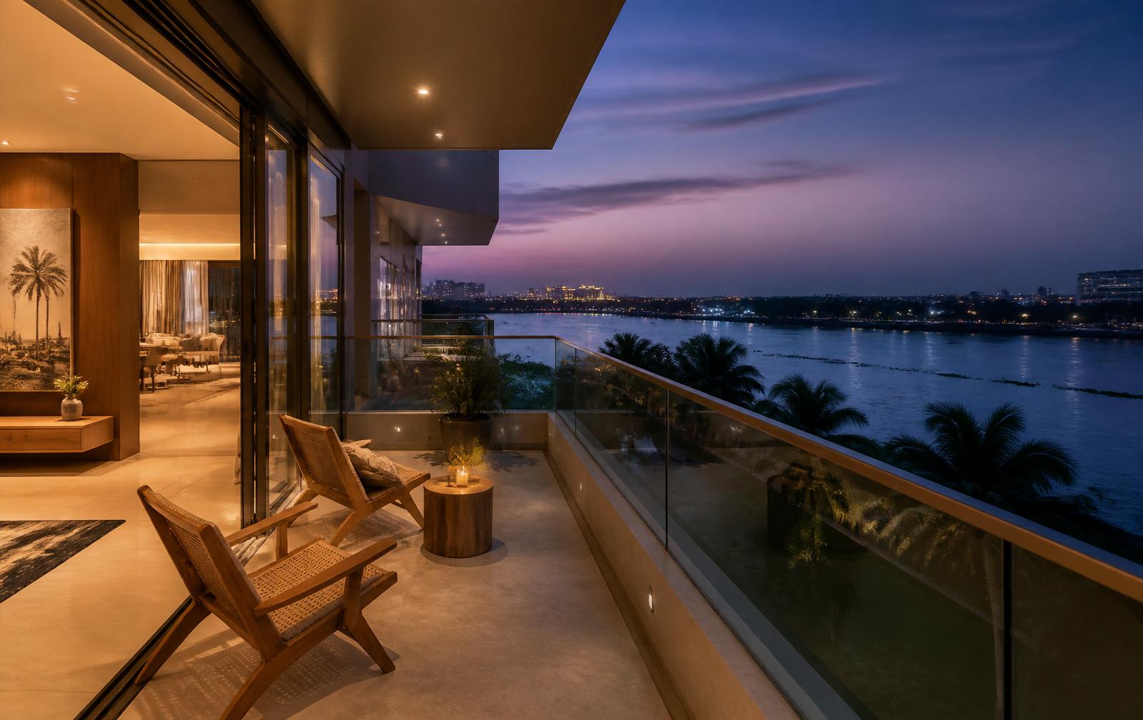 Balcony at dusk overlooking the Kochi backwaters
